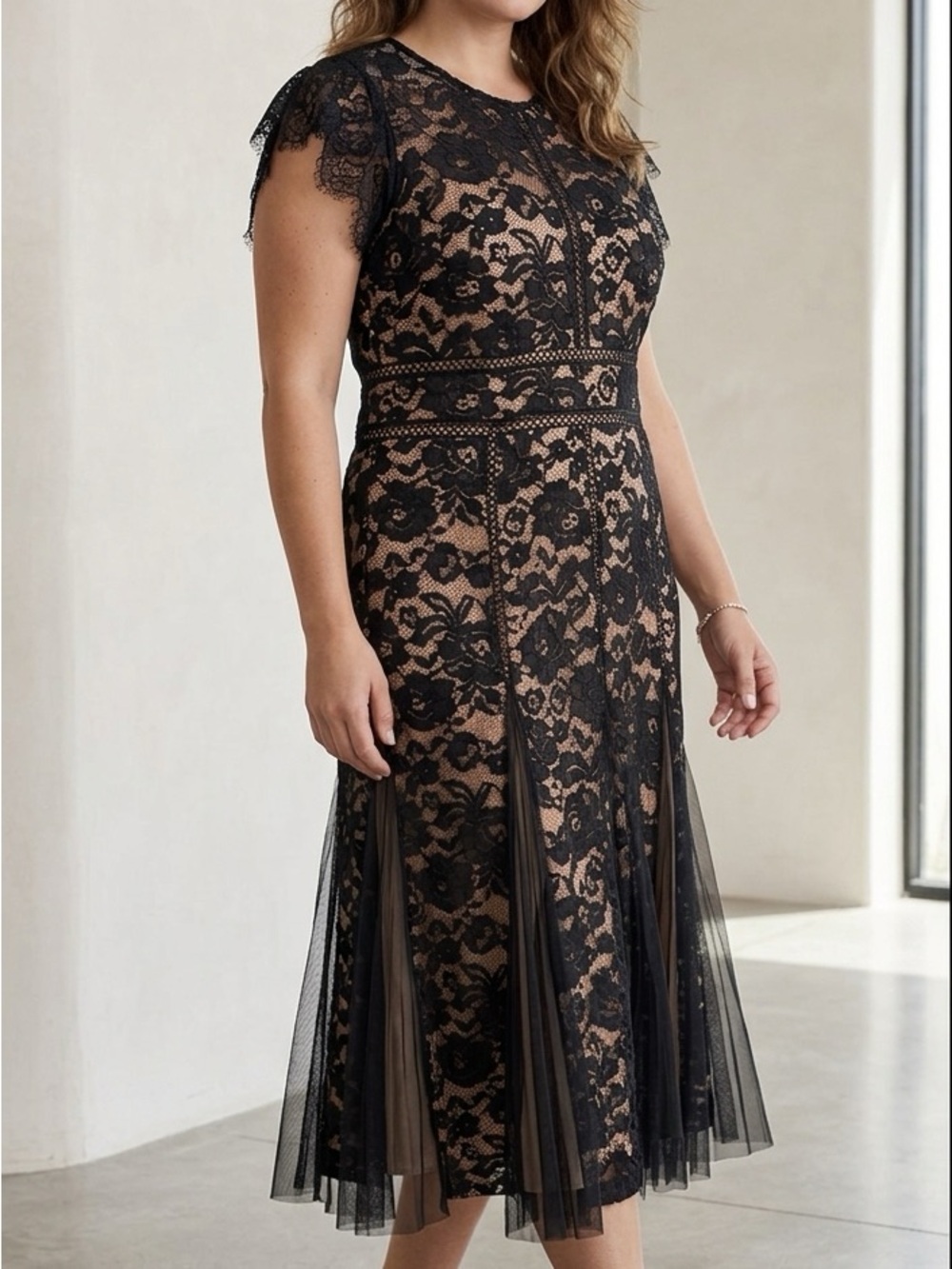 White House Black Market Black Lace Midi Dress with Nude Underlay